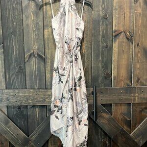 Halter Dress Grey Silver Floral Satin Maxi Midi Open Back Tie